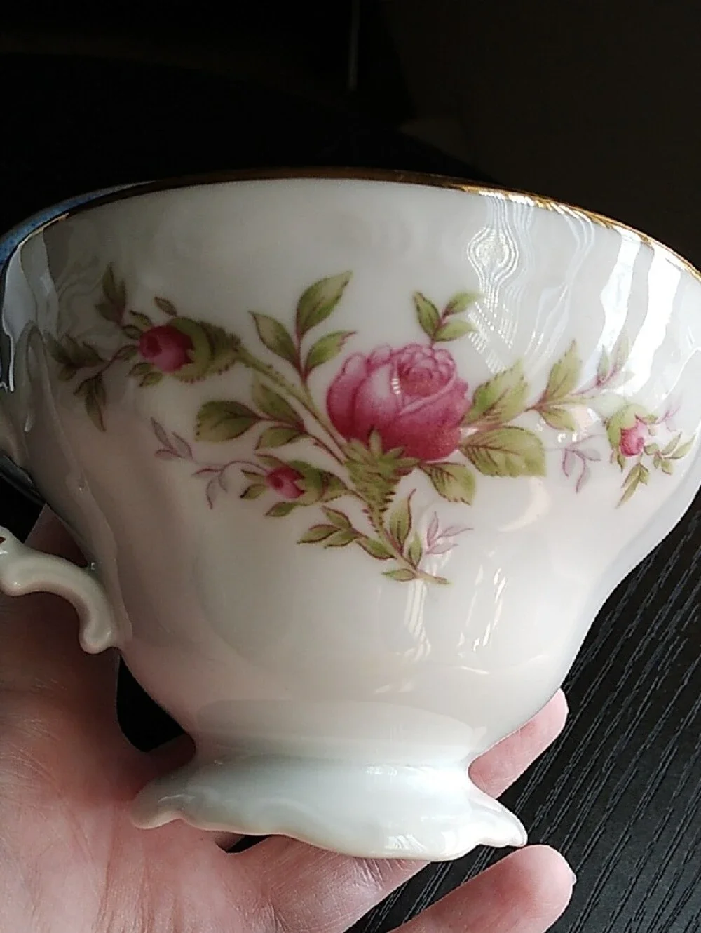 Johann Haviland Vintage White Porcelain Teacups with Pink Rose Motif Gold Trim